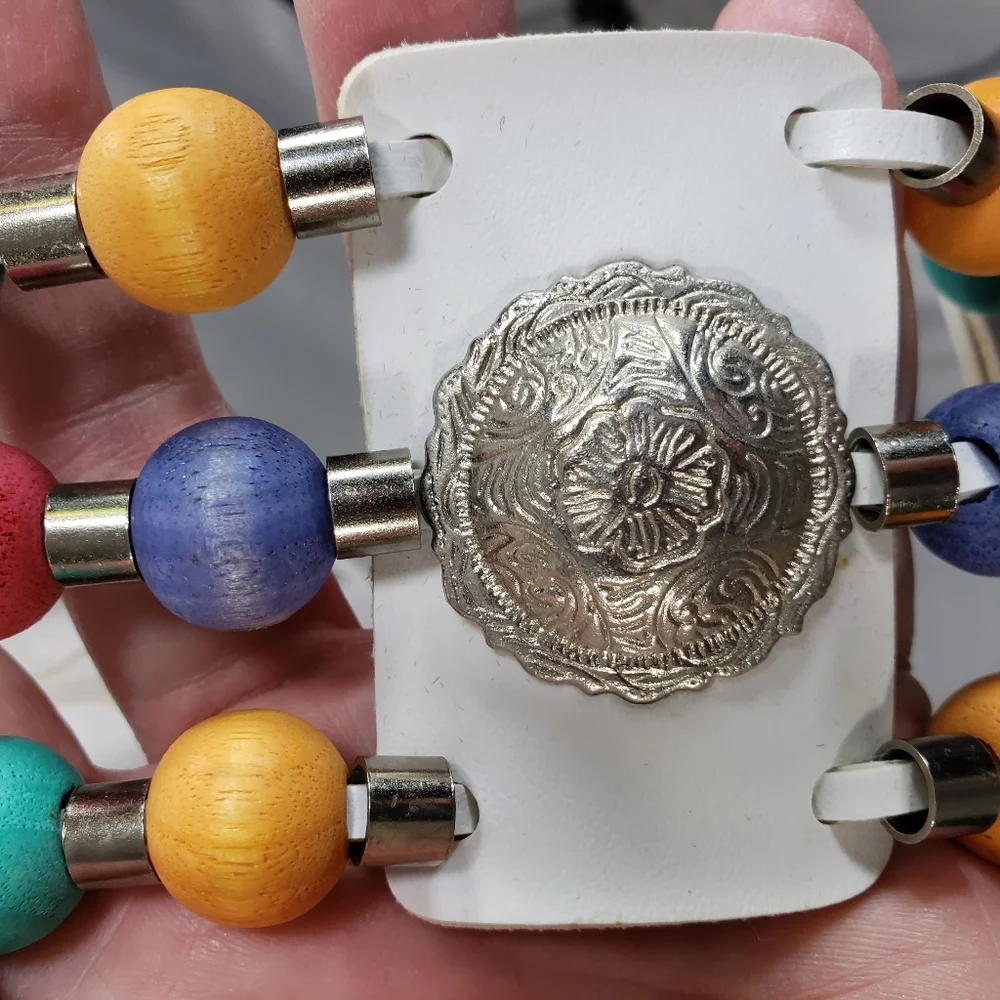 Designer Western Style White w/Multi  Leather Wooden Bead Accents Belt
